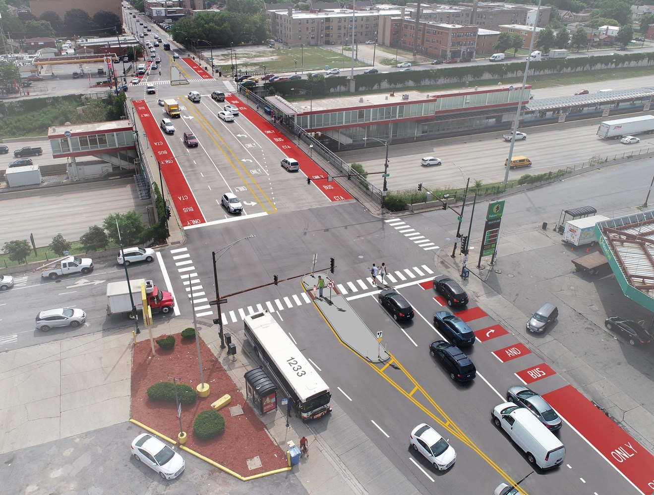 Rendering showing aerial view of improvements planned for 79th Street near the Red Line.