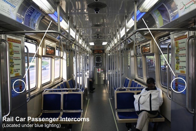 Rail Car Passenger Intercoms (Located under blue lighting)