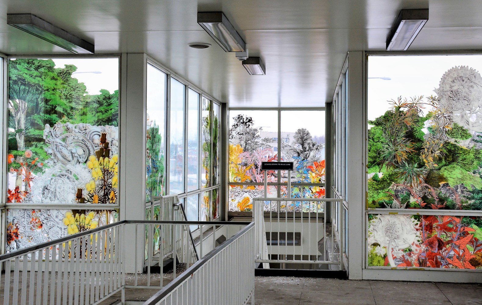 Art glass instalaltion created for the Addison Blue Line station by renowned artist Francisco Simeti