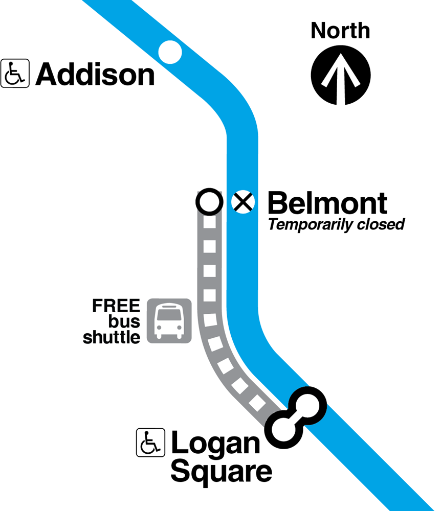 Map showing Belmont Blue Line station closed, and a free bus shuttle running from Logan Square station to Belmont station.