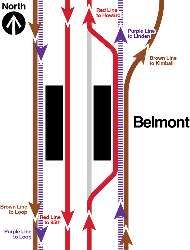 Image showing Howard-bound Red Line trains sharing the outside track with Brown Line trains to Kimball and Purple Line Express trains to Linden through Belmont station, and stopping on the Purple and Brown line side of the Howard-, Kimball- and Linden-bound platform.