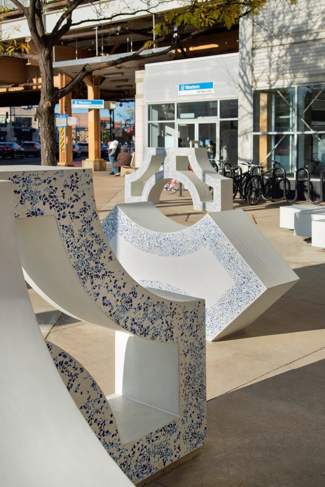 Close-up photo of new public art at the Western/Milwaukee Blue Line station (courtesy of Aron Gent)