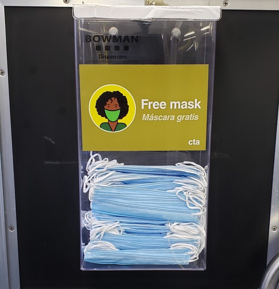 Image of Facemask Dispenser on a CTA bus