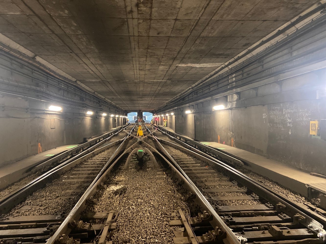 Photo of the existing track conditions at the Belmont Blue Line crossover that is being replaced as part of upcoming project work.