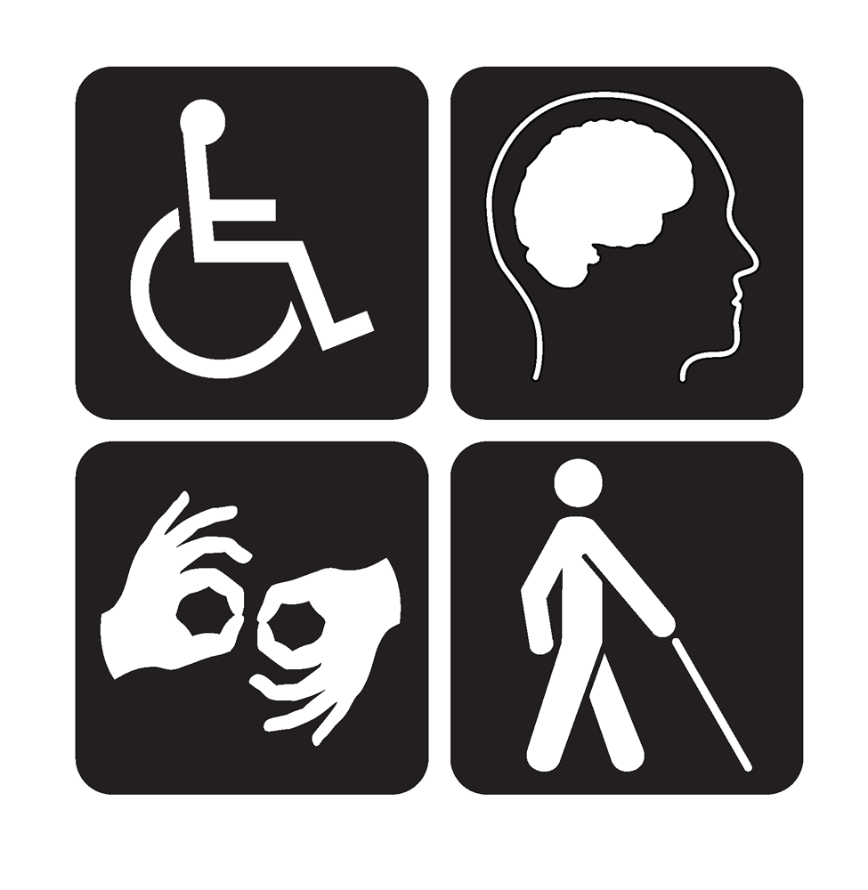 Accessibility icons. Wheelchair icon for physical. Brain icon for cognitive. Sign language hands icon for hearing. Person with cane for vision.
