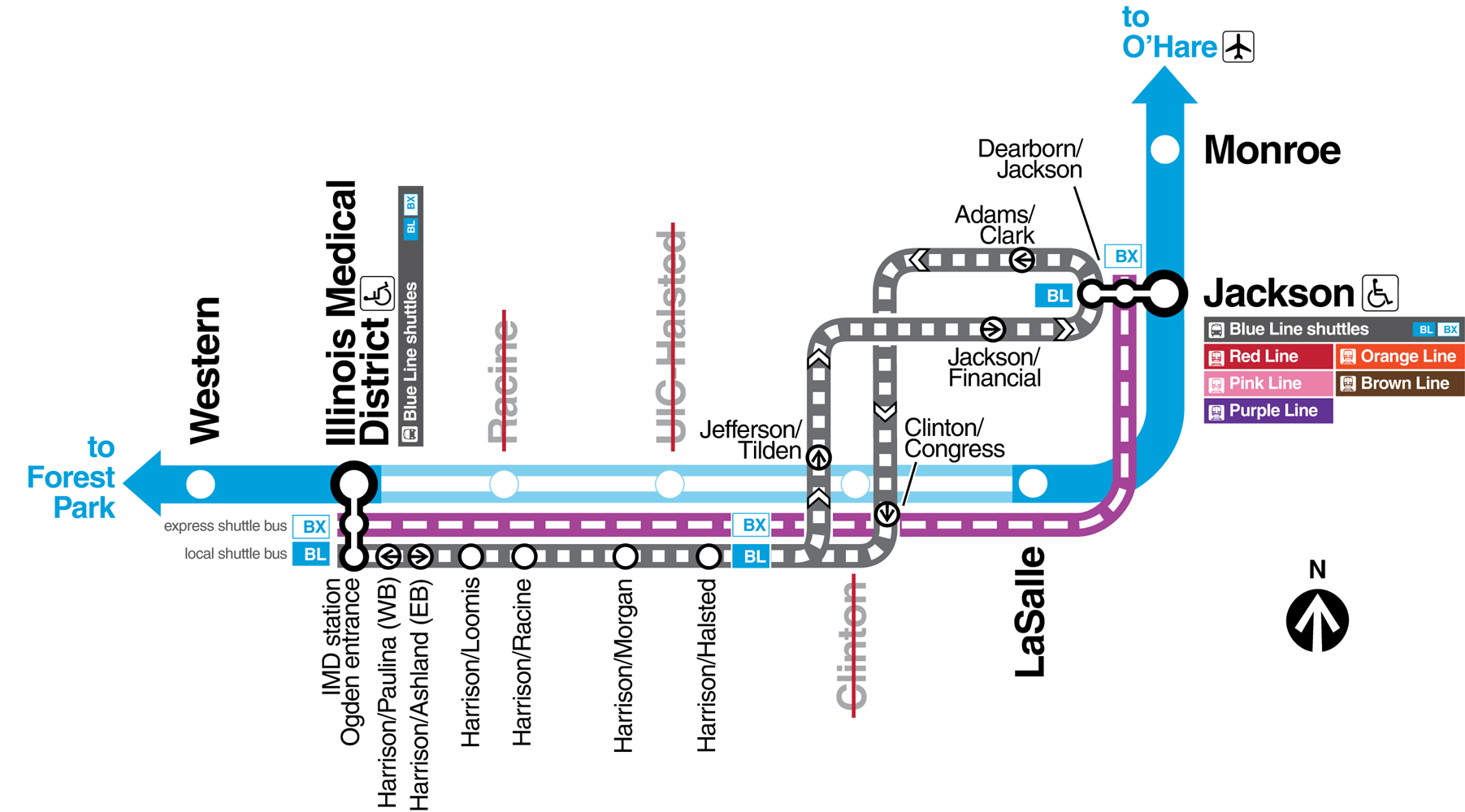 Map showing express shuttle bus route and local shuttle bus route.