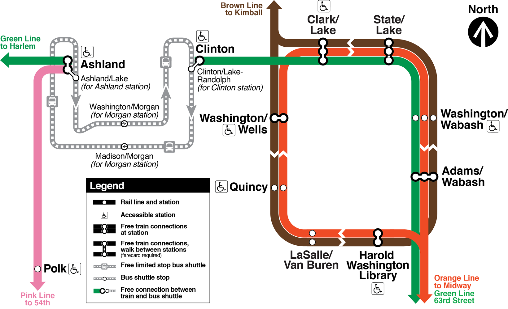 Map showing no Green or Pink line service between Ashland and Clinton, replaced by a free bus shuttle. No Pink Line service on Loop; use Orange or Brown line from Wells or Van Buren to get to Green Line on Lake or Wabash side; use Harlem-bound Green Line from Lake or Wabash to reach Clinton and connect to shuttle bus.