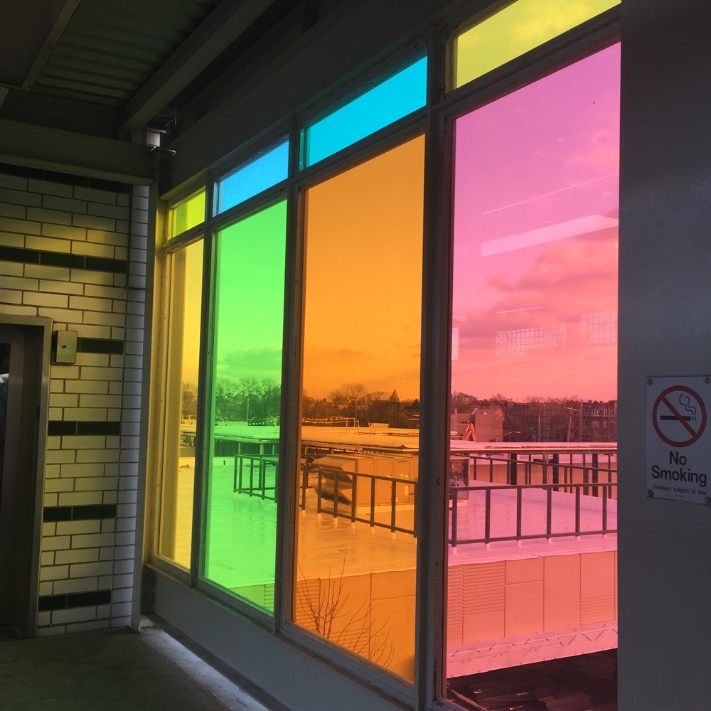 Multi-color art glass panels in the mezzanine area of the Kedzie stationhouse