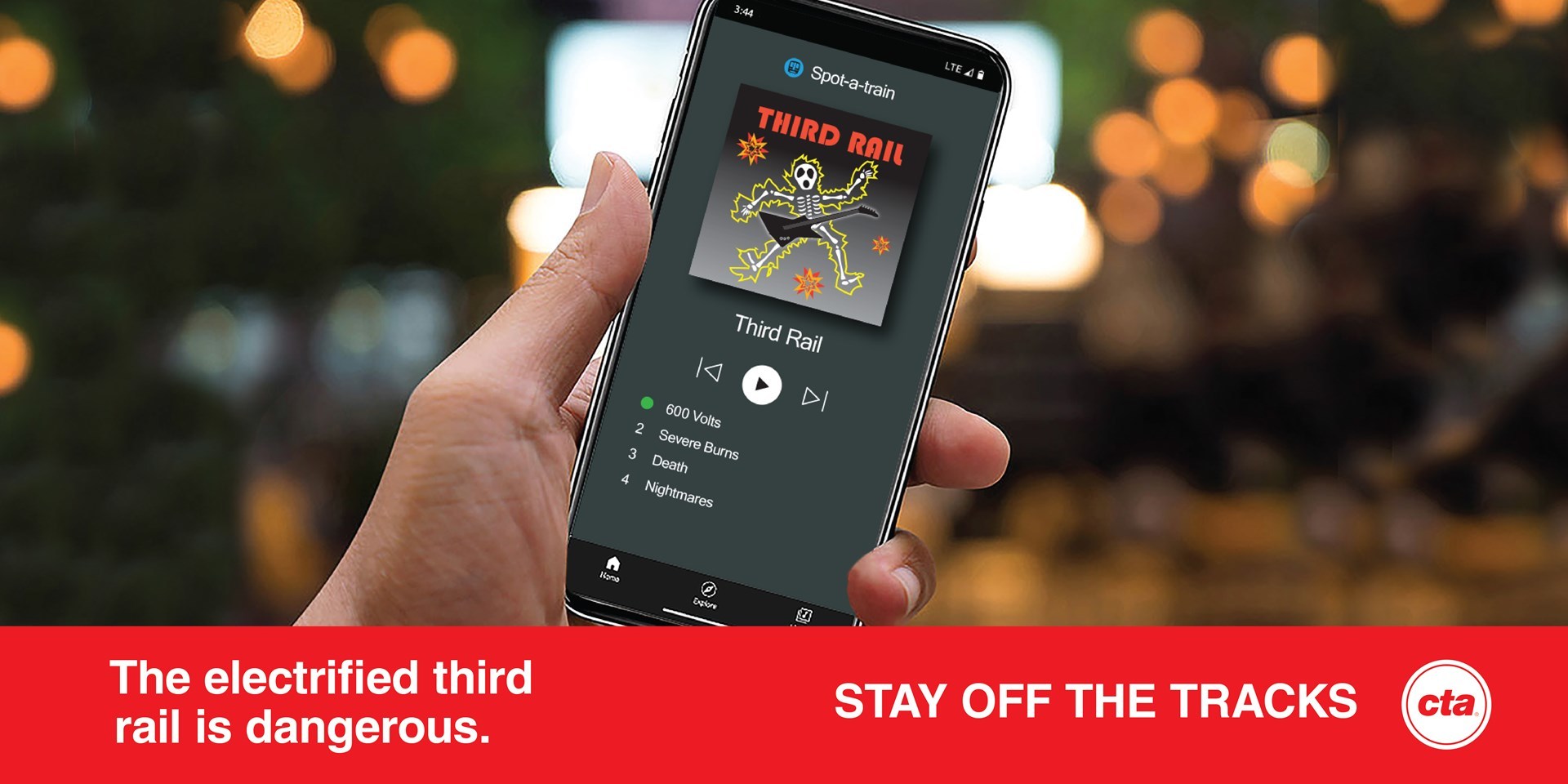 Phone playing the parody song title "600 volts" by the band Third Rail. The electrified third rail is dangerous. Stay off the tracks.