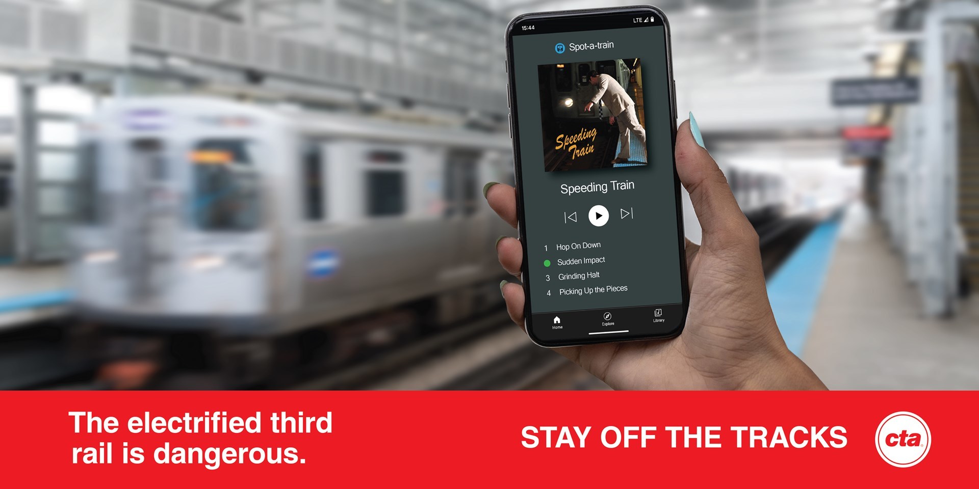 One creative in CTA's 2023 rail safety campaign uses a music playlist parody to convey the dangers of going onto the tracks.