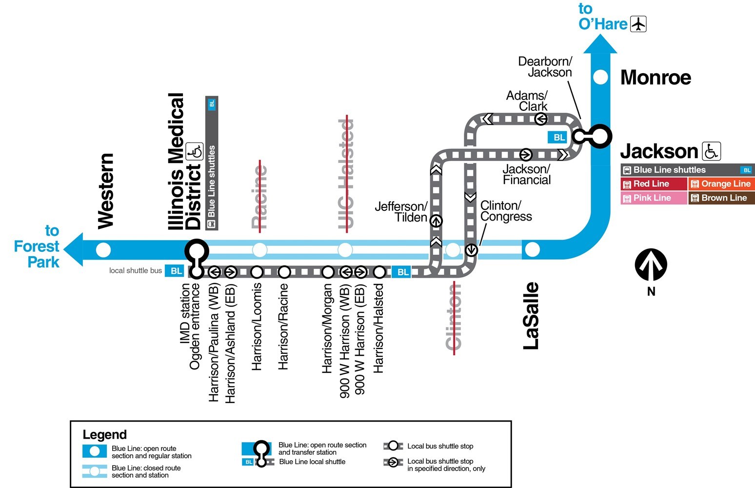 Map of Part A service showing shuttle bus between Jackson and Illinois Medical District.