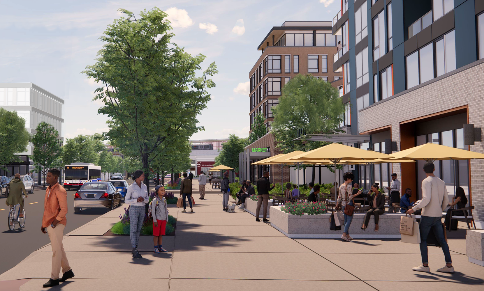Michigan Avenue Station Area Development Concept. A lively mixed-use shopping district on a major thoroughfare with the adjacent CTA station in the background