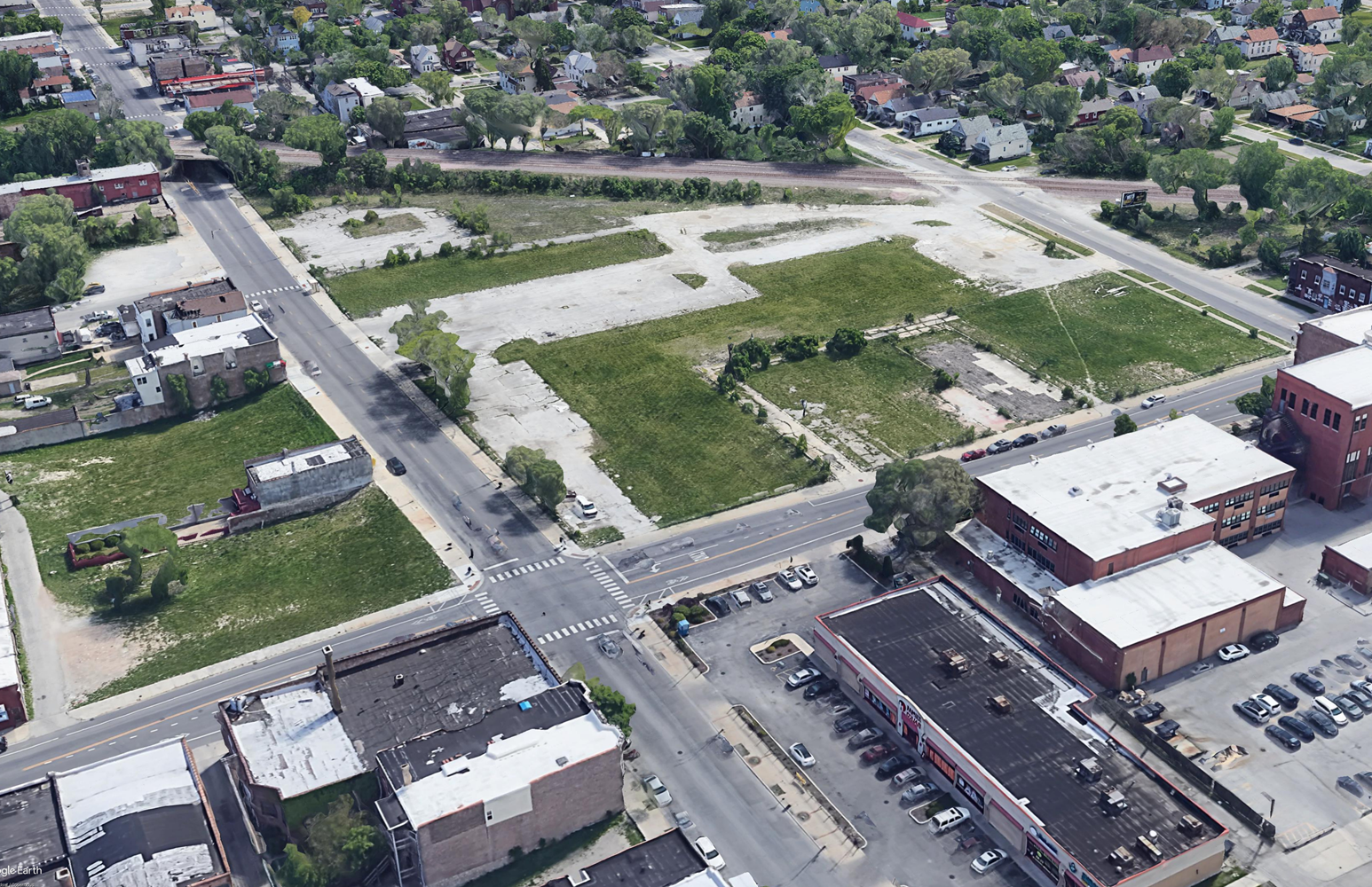 Aerial rendering of the Michigan Ave Station area existing conditions at an angle