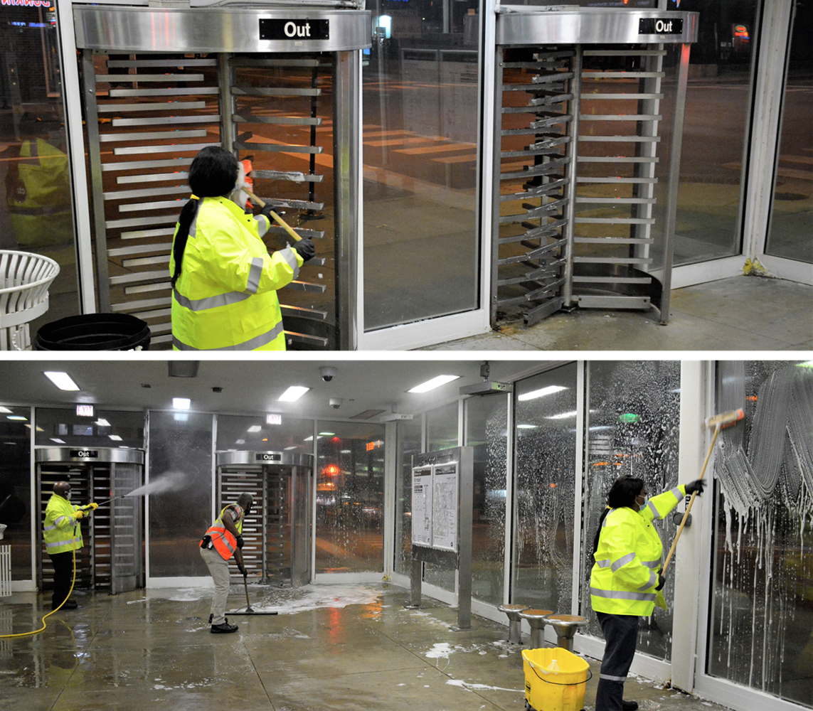 Mobile SWAT cleaning team scrubs and disinfects mezzanine surfaces at Kimball terminal