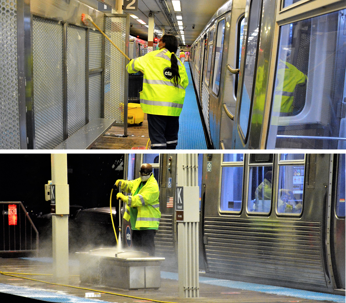 Mobile SWAT cleaning team scrubs and disinfects high-touch surfaces of the Kimball platform area