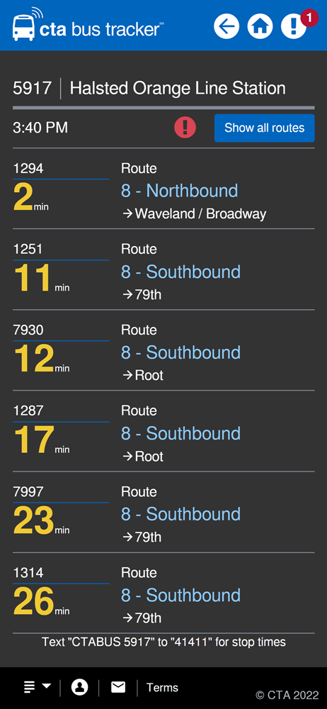 Fully redesigned CTA Bus Tracker display on mobile device