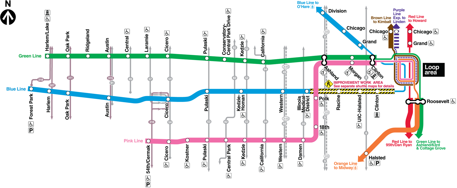 Map showing alternate service during Blue Line line cut.