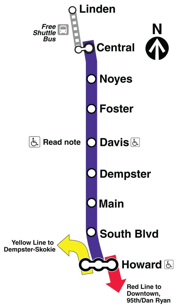 Map showing Purple Line service disrupted between Linden and Central with a shuttle bus serving the area