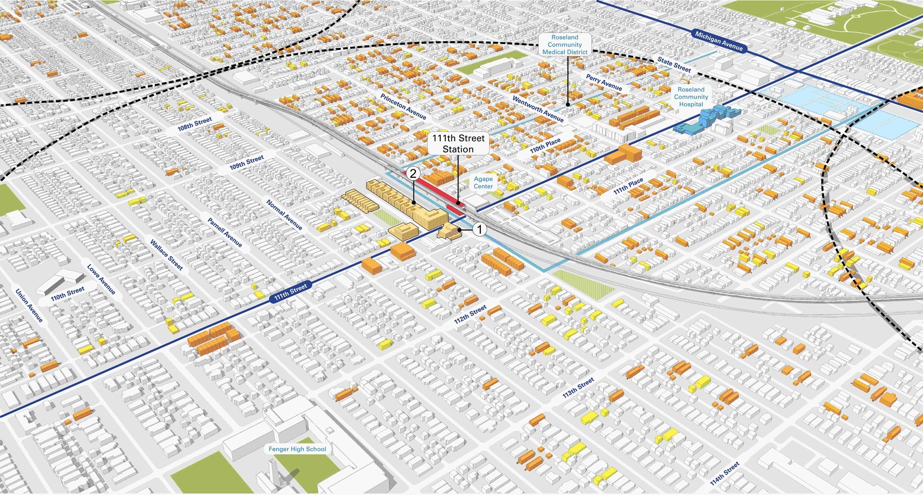 Map of the 111th Street Station Area and Corridor Infill Massing Concept