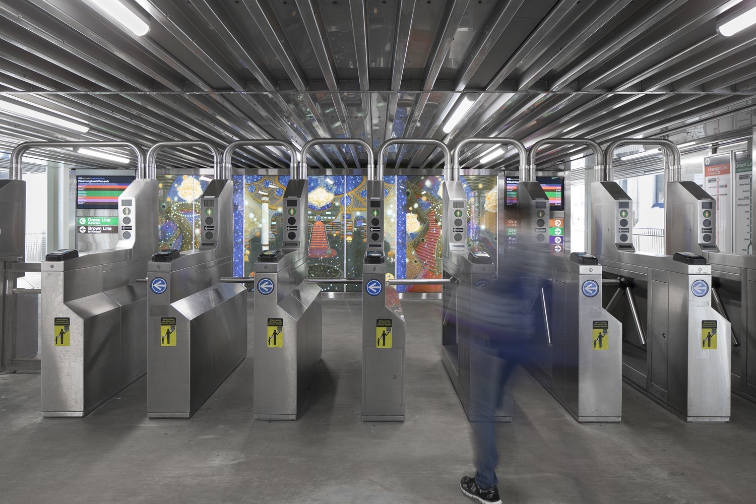 New artwork at Washington/Wabash located on back wall of station as riders enter through turnstiles.
