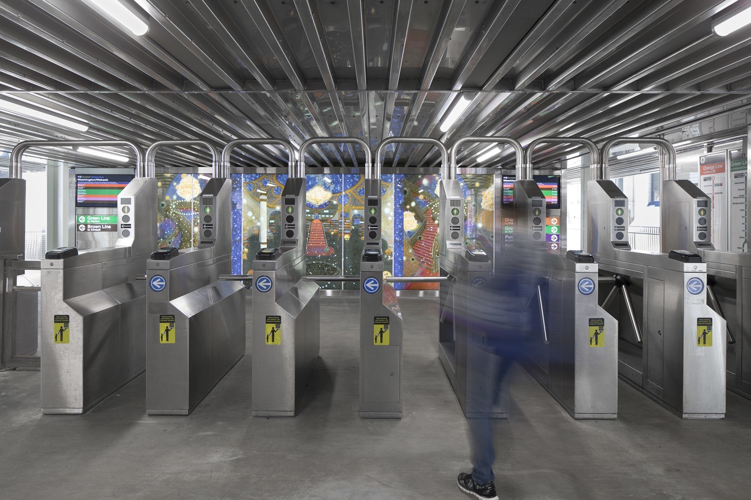 New artwork at Washington/Wabash located on back wall of station as riders enter through turnstiles. 