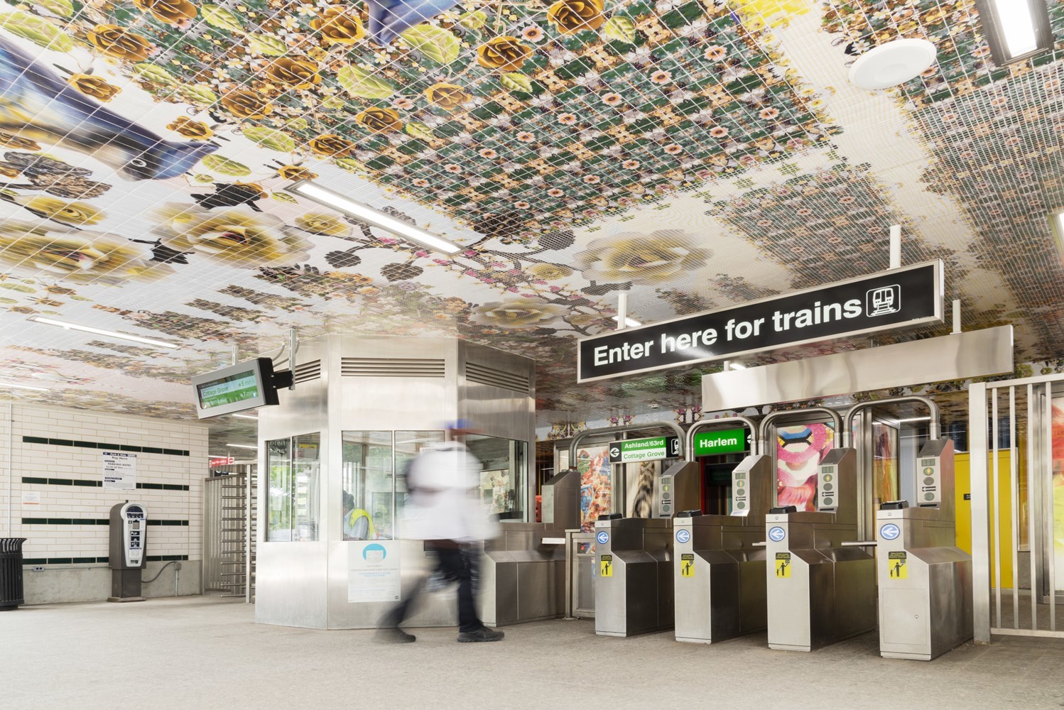 Interior of the Garfield main stationhouse and its floral patterned mosaic ceiling