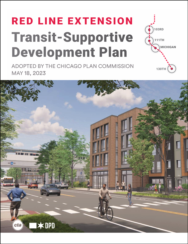 Cover page of the Red Line Extension Transit-Supportive Development Plan. It features a rendering showing a vibrant street with the station seen in the background.