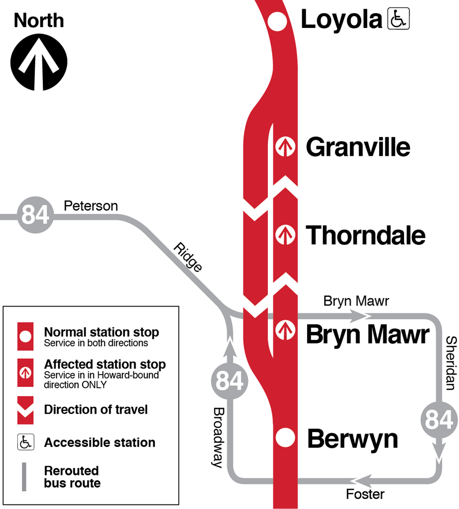 Map shows 95th-bound trains bypassing Granville, Thorndale and Bryn Mawr stations; Howard-bound trains make all stops. Route 84 Peterson buses rerouted to Berwyn station to connect to trains in both directions, in addition to connecting to Bryn Mawr station.
