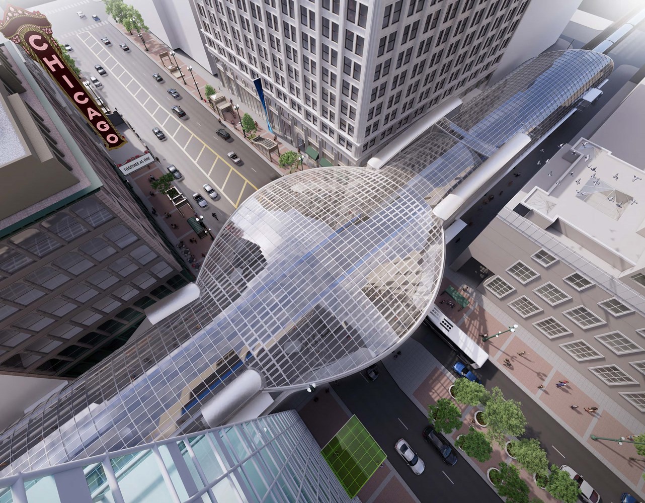 Proposed rendering of new State/Lake Loop Elevated station - aerial view