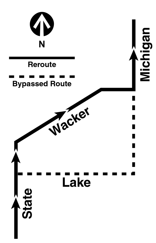 Map shows 146 buses rerouted via State and Wacker
