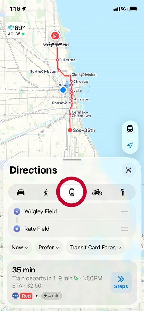 Screenshot of the Apple Maps app with the transit directions buttons circled