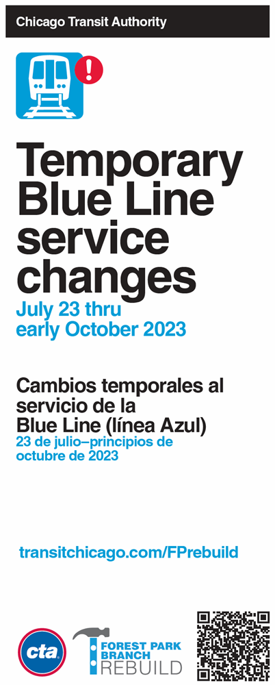 Brochure cover that reads "Temporary Blue Line service changes July 23 through early October 2023."