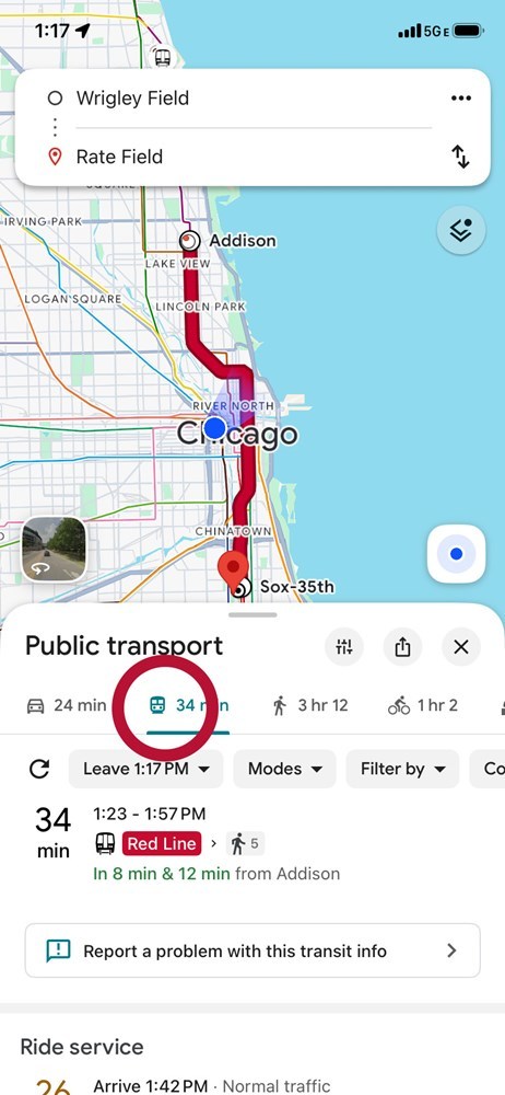 Screenshot of Google Maps with the transit directions button circled