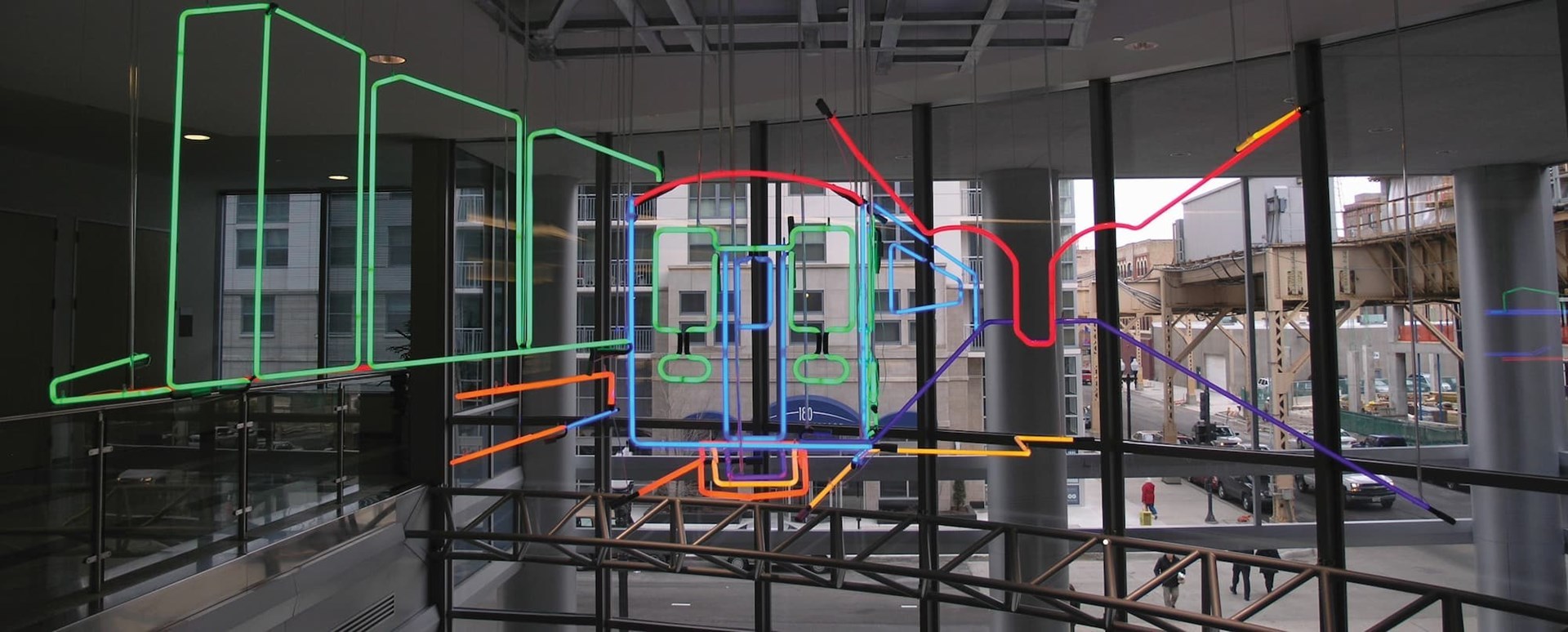 Neon train sculpture
