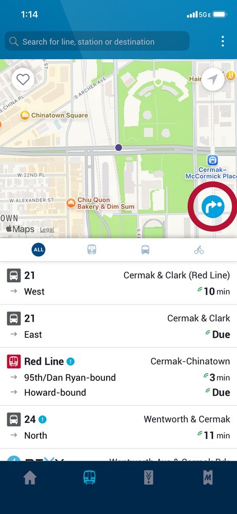 Screenshot of the Ventra app with the transit directions button circled