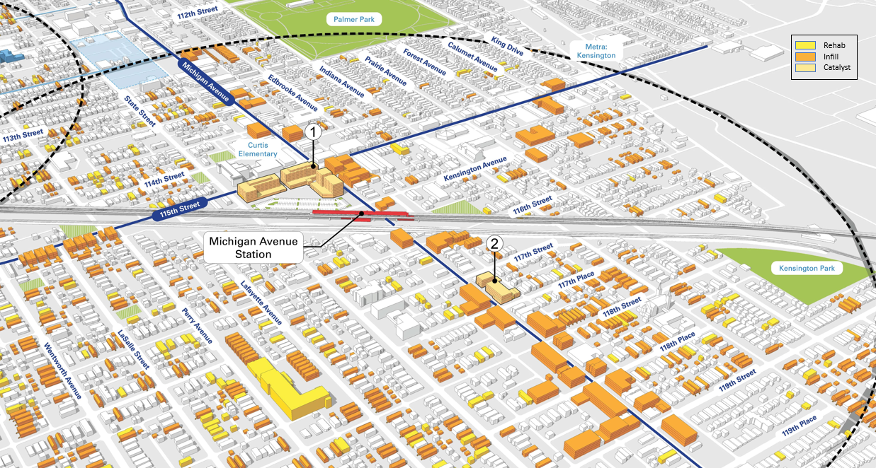Map of the Michigan Avenue Station Area Infill Massing Concept