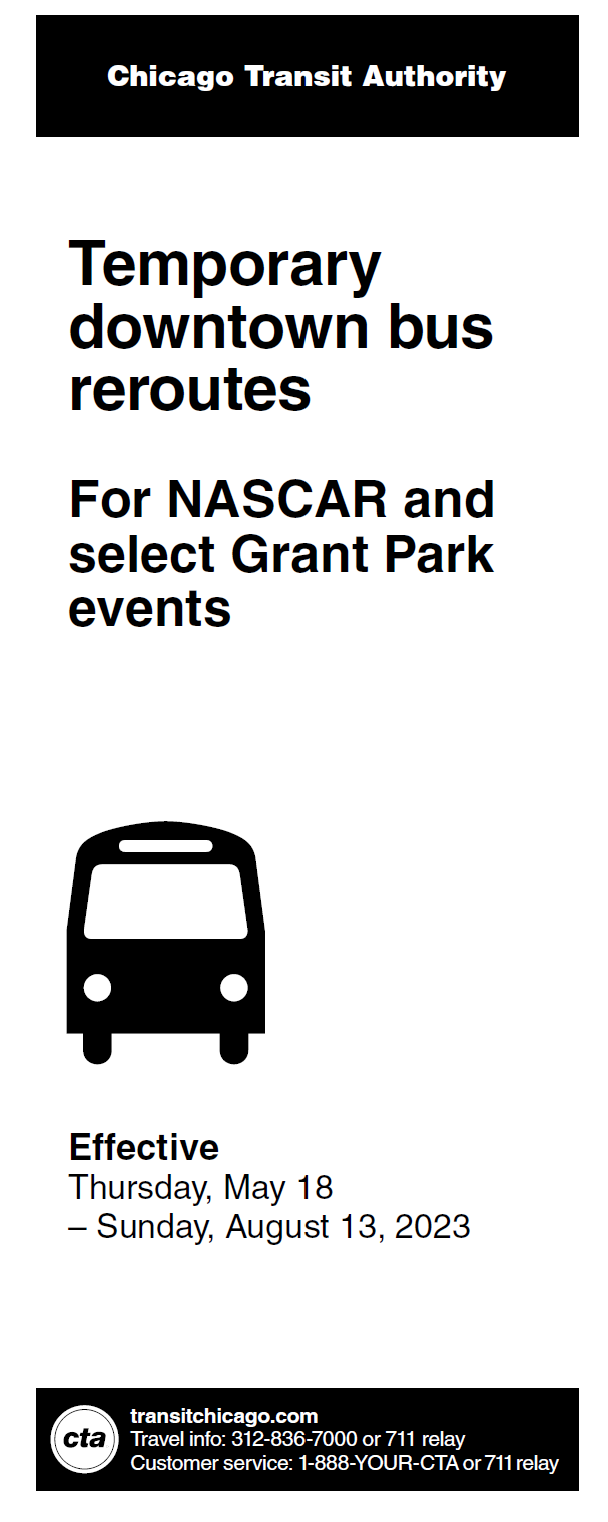 Cover of brochure. Temporary downtown bus reroutes for NASCAR and select Grant Park events