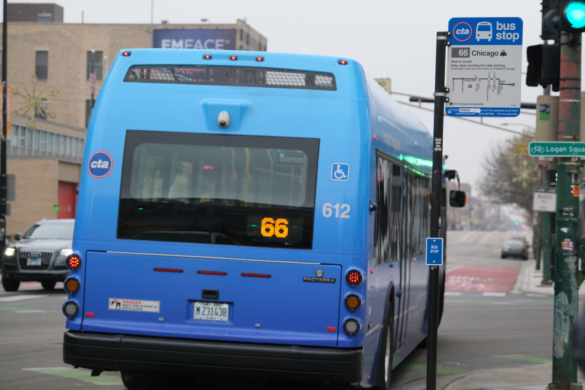 CTA eBus traveling a dedicated bus only lane along Chicago Avenue