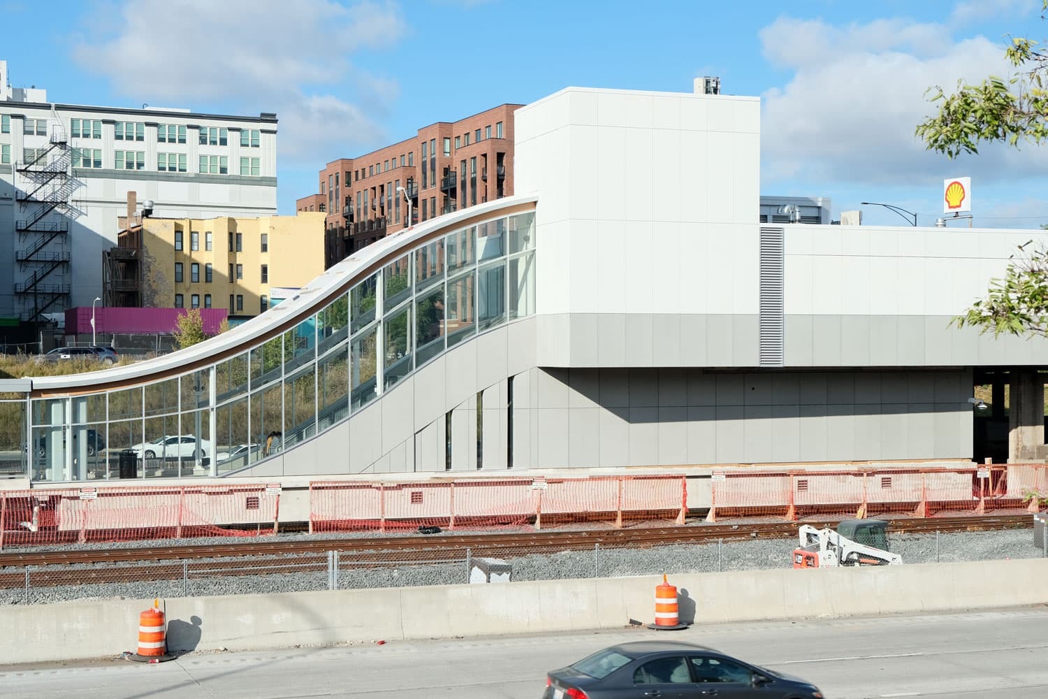 Side view of Racine station showing elevator tower and stairs.