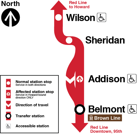 Map showing 95th-bound Red Line trains not stopping at Addison station, but Red Line trains toward Howard stopping at Addison. Trains in both directions stop at the stations on either side of Addison, Wilson (accessible) and Sheridan to the north and Belmont (accessible) to the south.