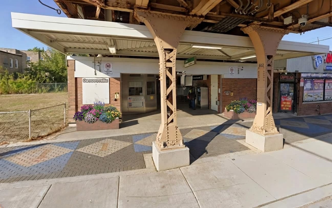 Rendering of planter with colorful flowers outside the door of the 47th Green Line station.