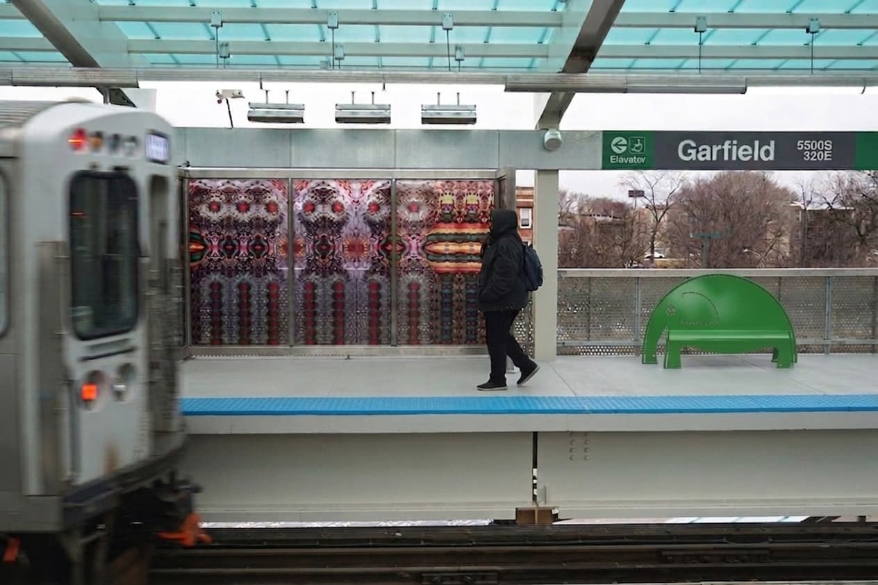 Rendering of green bench in the shape of an elephant on the Garfield Green Line station platform.