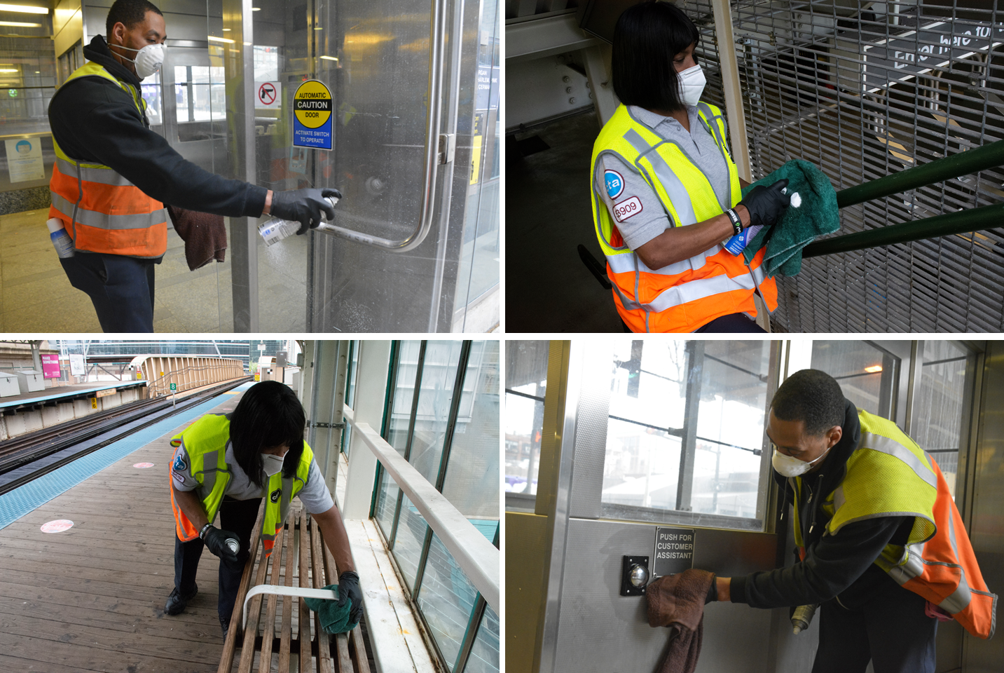 CTA workers disinfecting high-touch surfaces throughout rail stations multiple times a day.