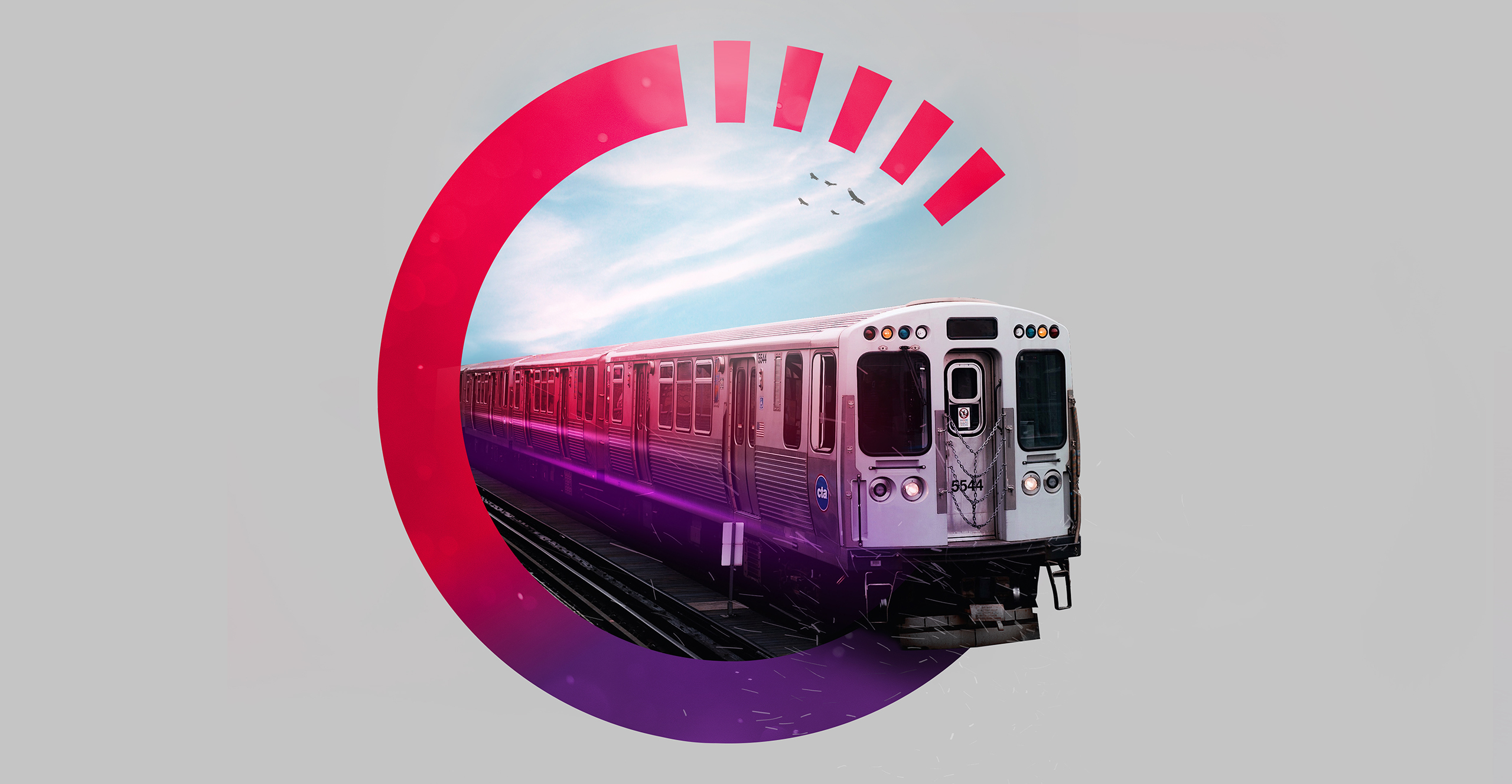 An 'L' train speeding through the Red-Purple Modernization Project logo