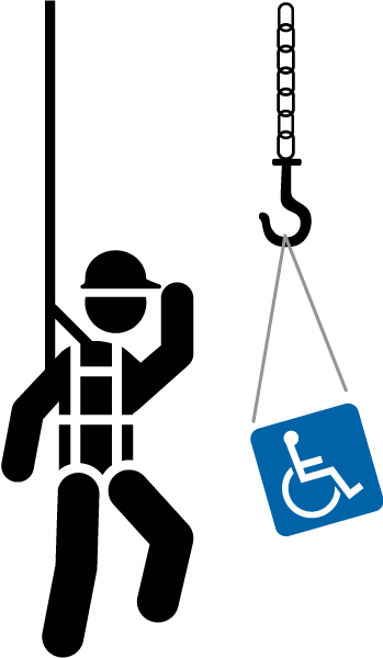 A simple drawing of a construction worker installing an accessibility icon.