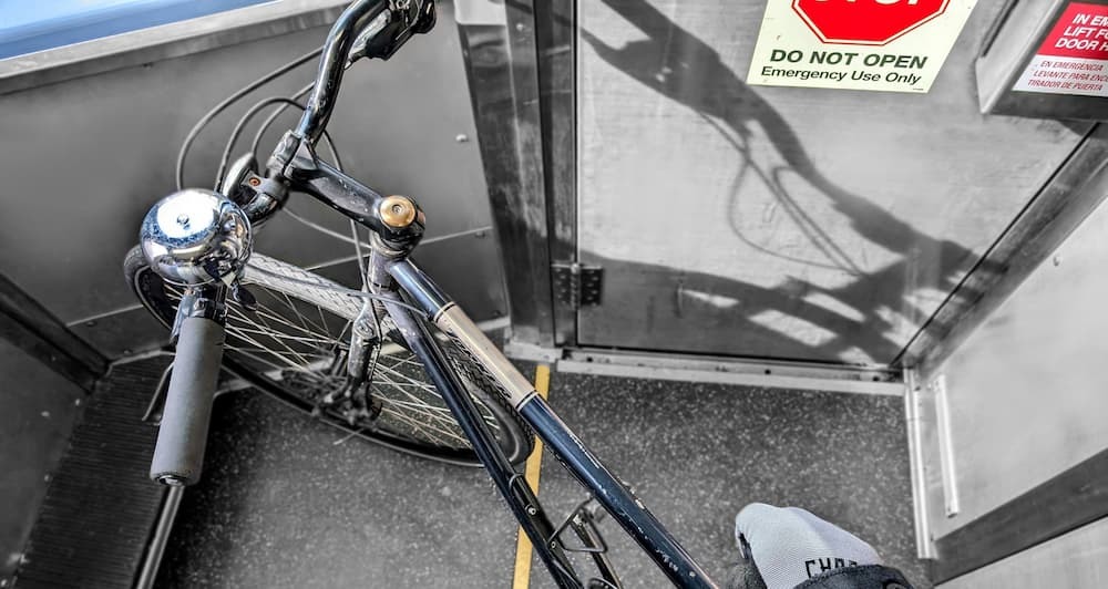 Bike in the end of a railcar where it does not block traffic