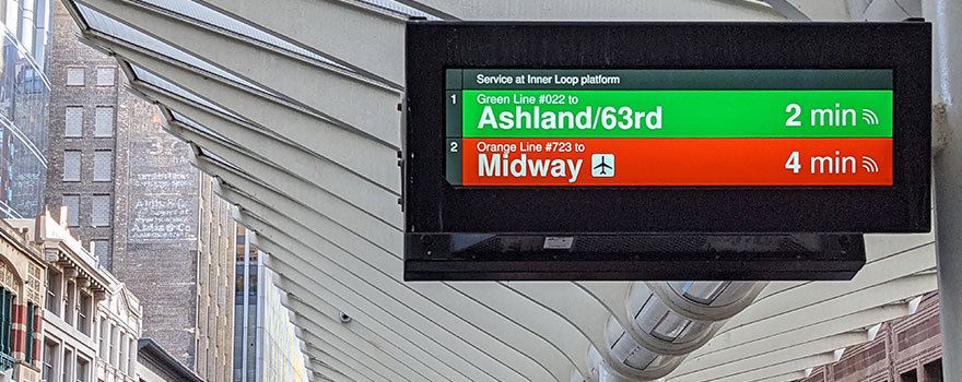 Train Tracker screen showing Inner Loop arrivals under canopy downtown