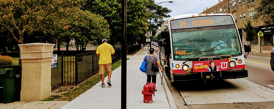 People boarding a bus