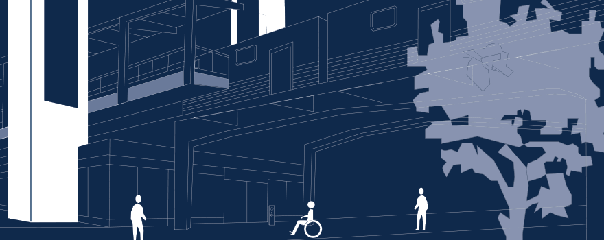 Graphic art of person in wheelchair approaching station with added elevators, highlighted