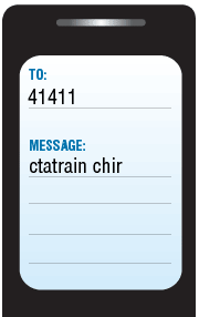 Image showing the message "ctatrain chir" being sent to 41411 on a flip phone.